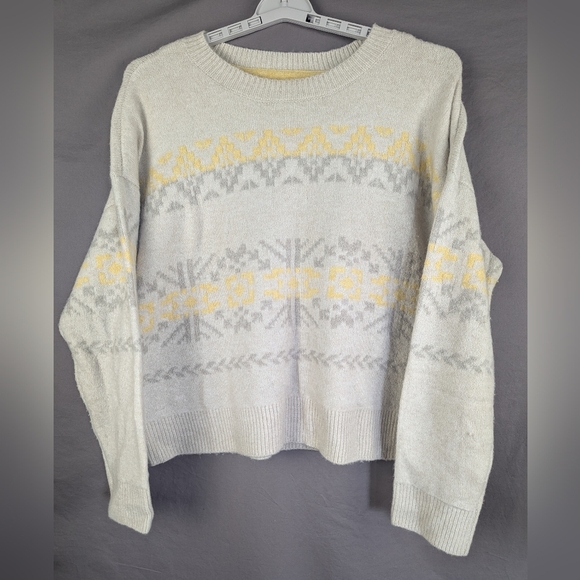 Lucky Brand Sweater XL Cream/Gray/Yellow Crewneck Fuzzy - Picture 1 of 11